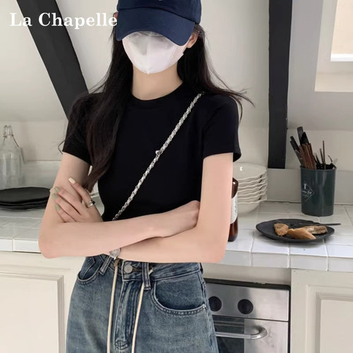拉夏贝尔黑色正肩短袖T恤女2026新款夏季短款小高领纯棉半袖上衣