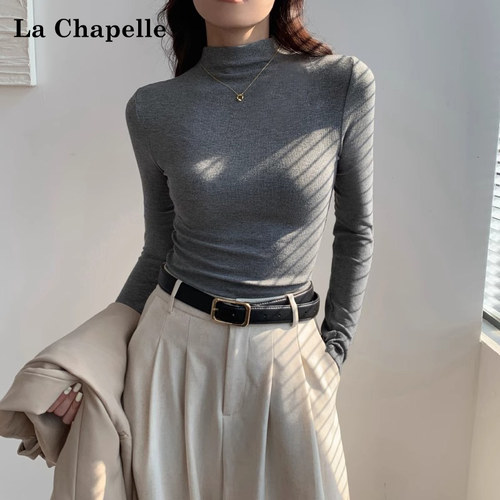 拉夏贝尔秋冬新款半高领打底衫女内搭螺纹针织上衣百搭长袖上衣服