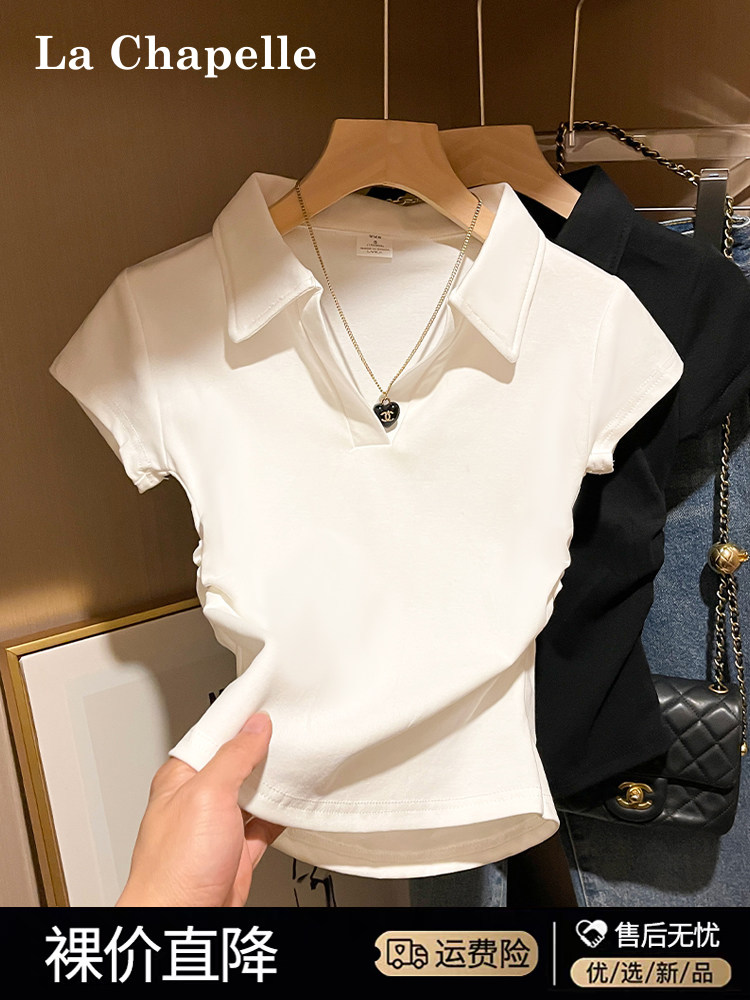 La Chapelle White Polo Collar Short-Sleeved T-Shirt for Women 2026 New Summer Pure Cotton Pleated Waist-Cinching Top