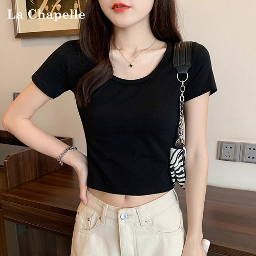 拉夏贝尔黑色短款短袖T恤女夏季新款高腰露脐修身纯棉百搭上衣潮