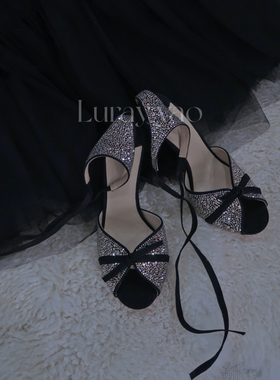 【luray】鎏金时光·古早高定真皮水钻绒面绑带鱼嘴高跟鞋