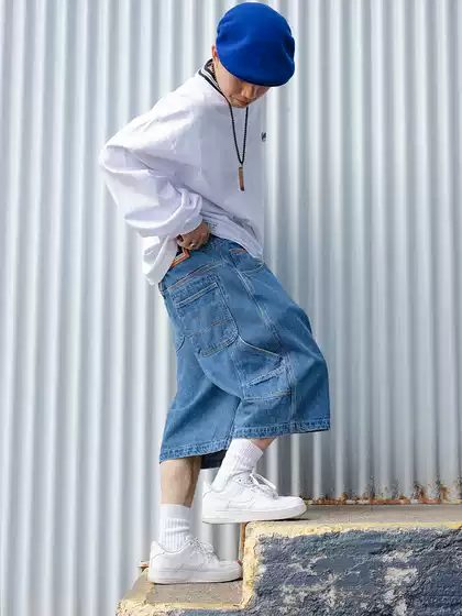 Street Market MS Denim Shorts Heavyweight Loose Fit Multi-Pocket Hip Hop American Street Dance Skateboard Pants Summer