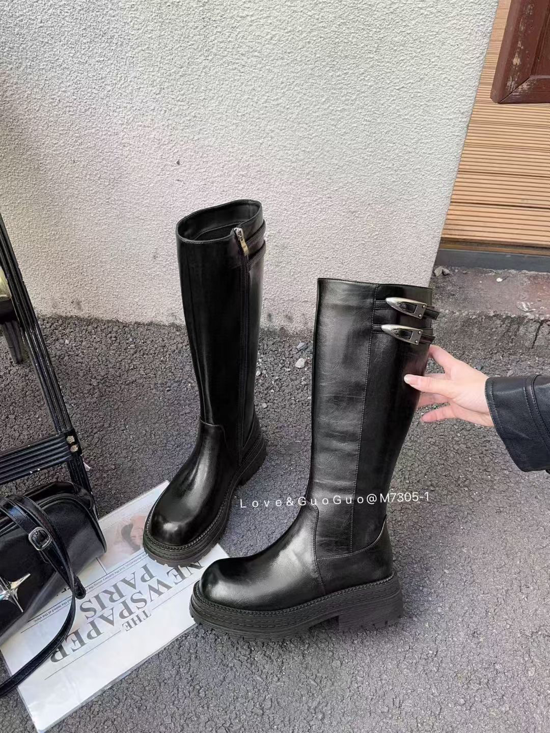 皮带扣气质时装靴软皮长靴高筒靴