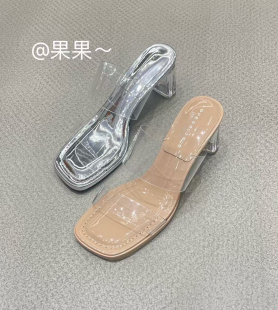新气质透明水晶跟一字外穿凉鞋 杏色女2026夏季 拖鞋 透明水晶高跟鞋