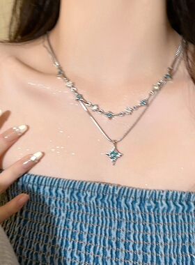 双层蓝色四芒星锆石项链女夏季ins小众设计感配饰时尚气质锁骨链