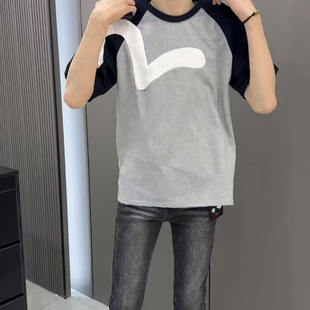 短袖 2025夏季 新款 拼接海鷗情侶男女網(wǎng)紅同款 休閑寬松T恤