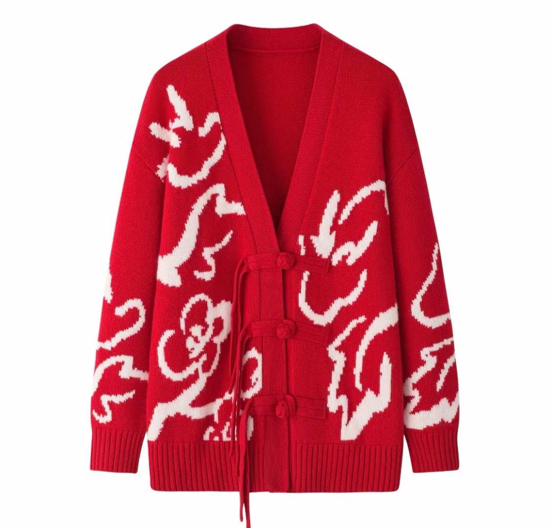 鄂尔多斯市100%山羊绒2024款三股纱重工艺桃花龙灵龙闹春V领开衫