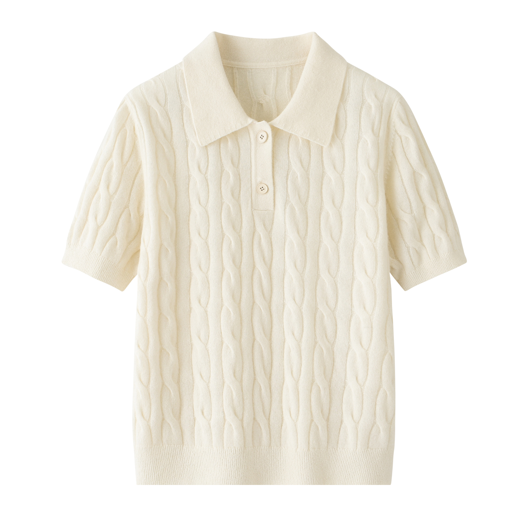 鄂尔多斯市100%纯羊绒衫小翻领麻花女半袖短袖针织衫上衣甜美韩版