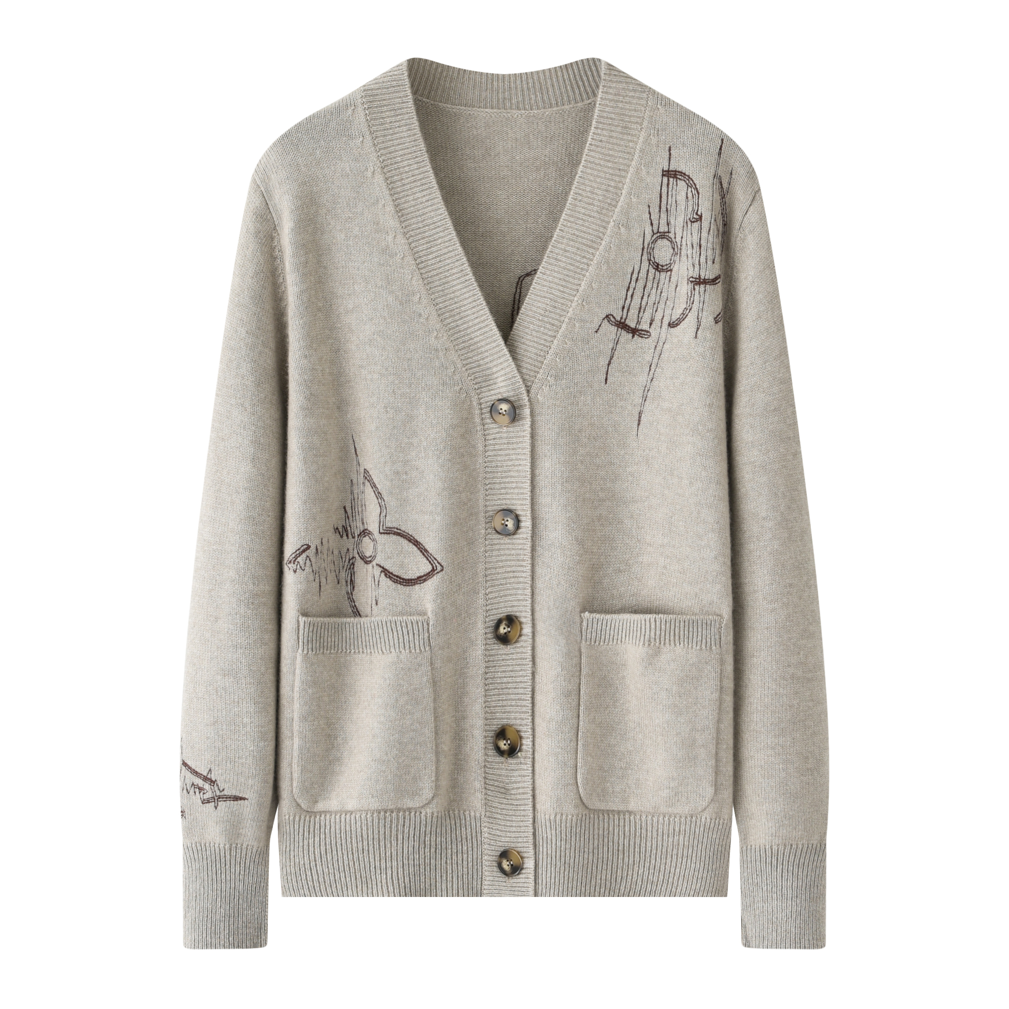 鄂市V领刺绣女装开衫秋冬加厚羊绒衫针织衫带口袋毛衣外套