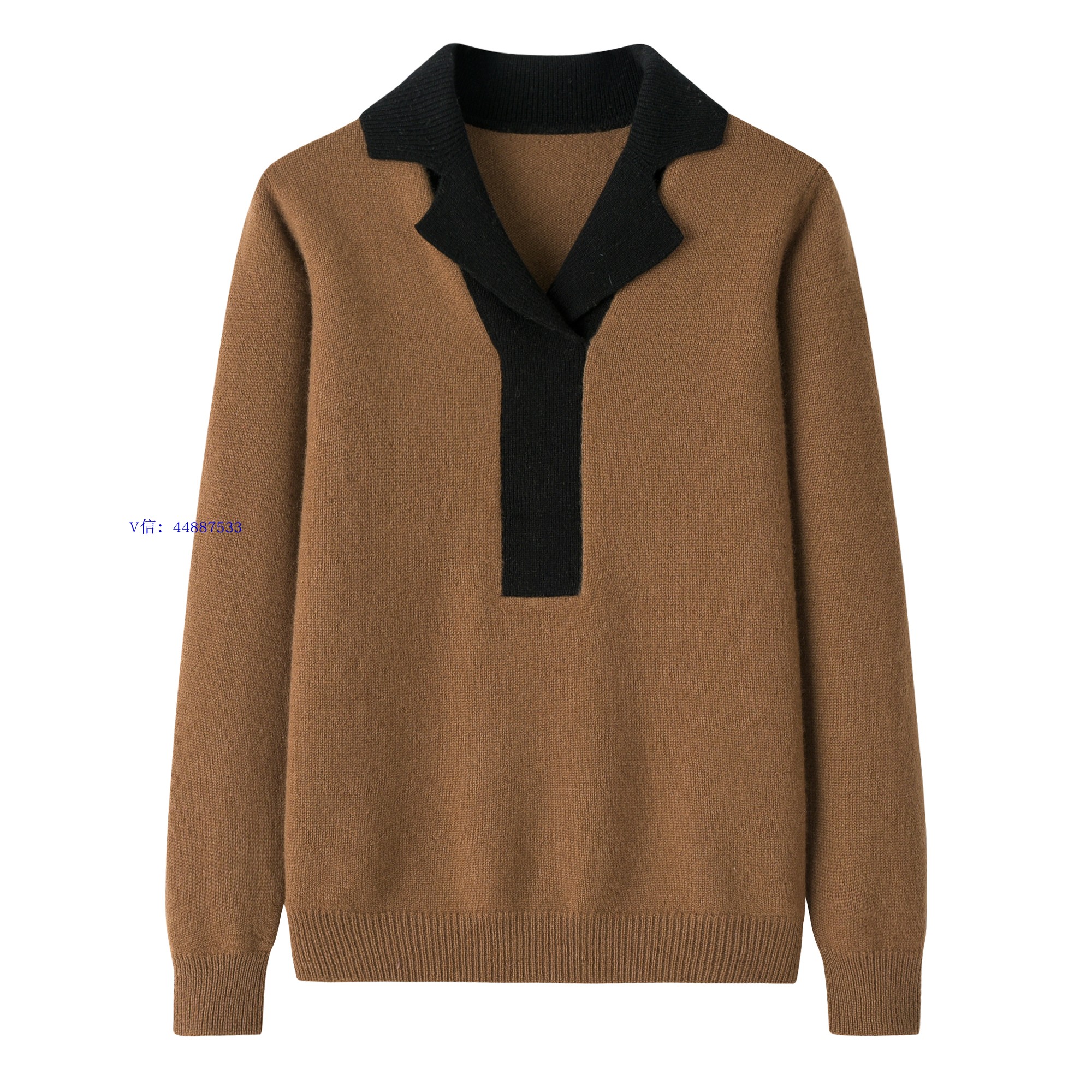 鄂尔多斯市100%羊绒双股拼色翻领女套衫时尚百搭休闲针织衫拼色