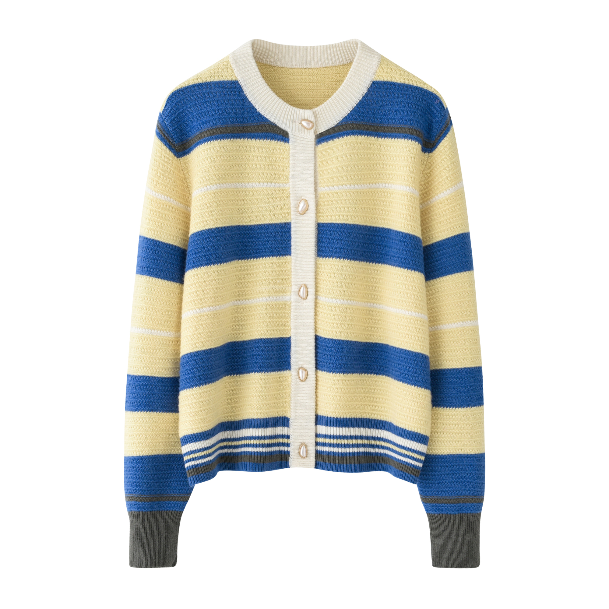 鄂市女山羊绒圆领开衫加厚宽松条纹时尚小香风针织外套