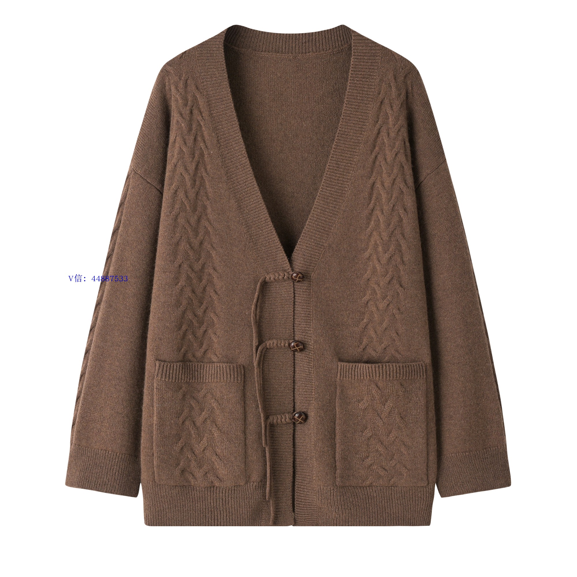 鄂市韩版时尚宽松100纯羊绒衫女士V领大外套加厚盘扣休闲针织大衣