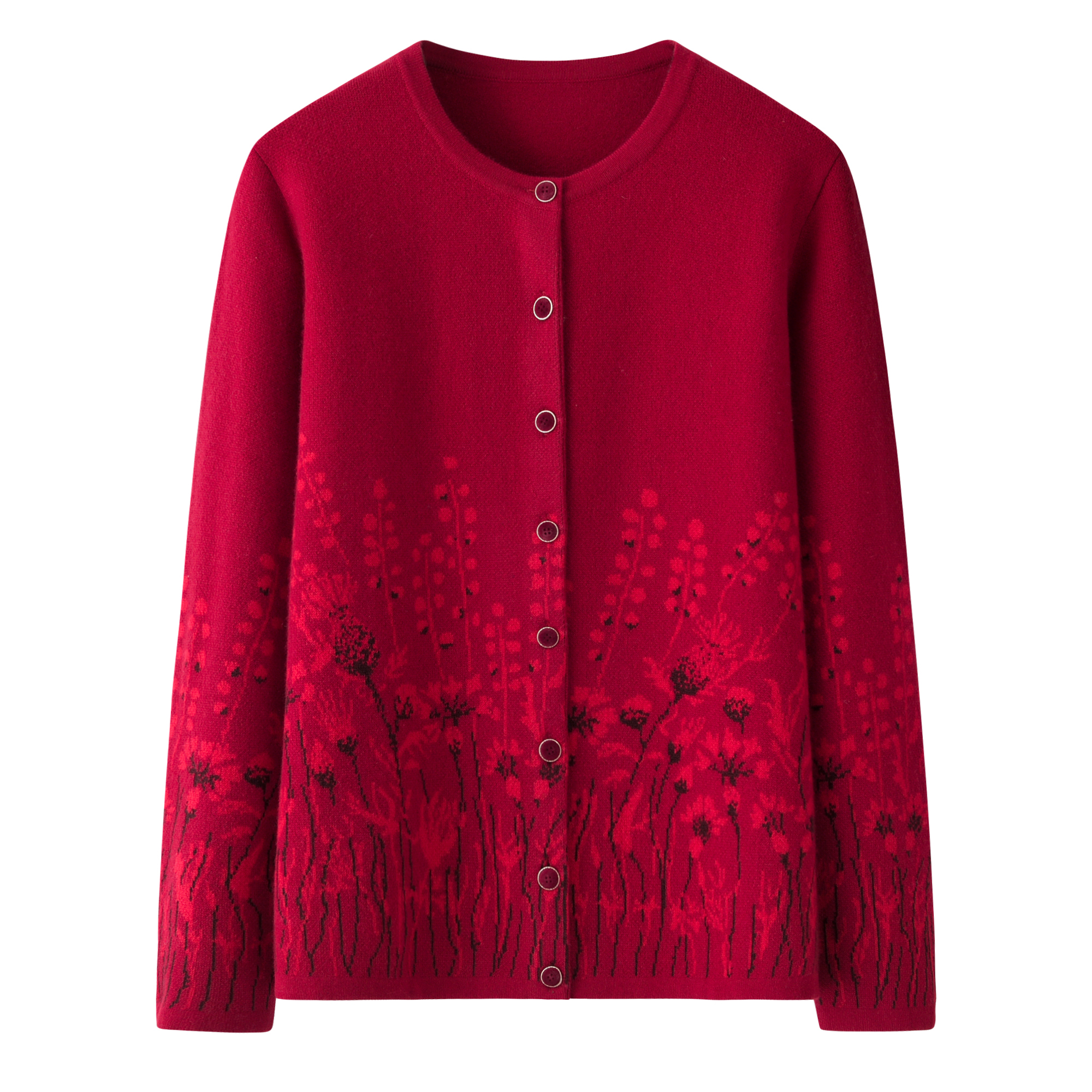 鄂尔多斯市女100%纯羊绒加厚圆领火红果包扣女开衫中老年宽松外套