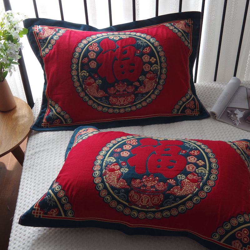 马年春节枕巾一对本命年福字大红色过年新年生肖马纯棉纱布枕头巾