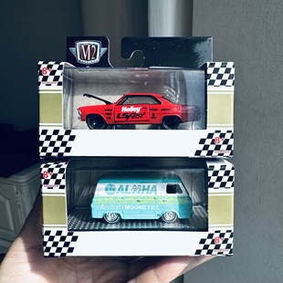 M2合金车模红色老爷车车门可开蓝色复古巴士