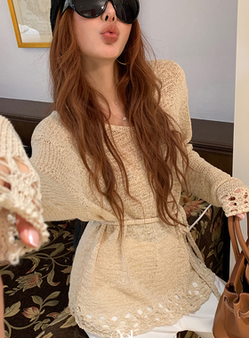 洋气新店REDMEMORY松弛又性感 又野又温柔 镂空蕾丝飘带针织衫