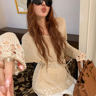 洋气新店REDMEMORY松弛又性感 又野又温柔 镂空蕾丝飘带针织衫