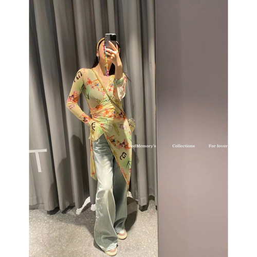 洋气新店日常高级/精致的花案 有点迷离~更有风情的网纱连衣裙衫