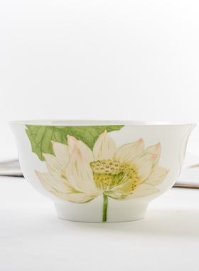 家用唐山骨瓷碗5英寸仿手绘荷花叶实用中号米饭碗面碗餐具碗汤碗