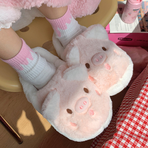 踩屎感可爱小猪充棉拖鞋女冬季外穿网红居家防滑保暖包跟棉鞋假日