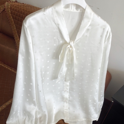 100桑蚕真丝长袖飘带领衬衫波点