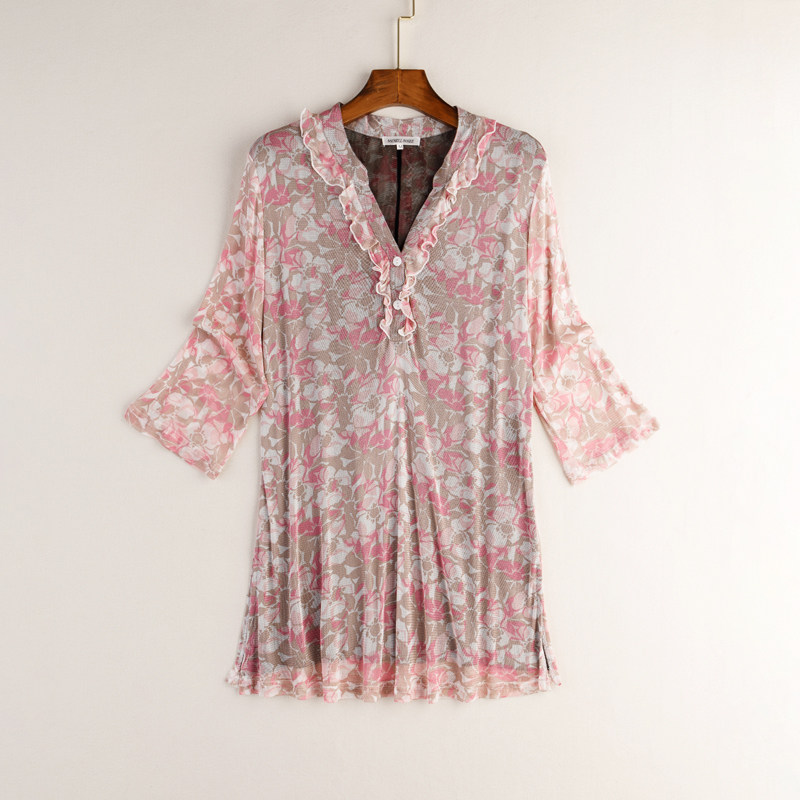 [CLEARANCE] SILK MESH PRINT TOP WOMENS MIDI MESH BREATHABLE MID-SLEEVE V-NECK PULLOVER