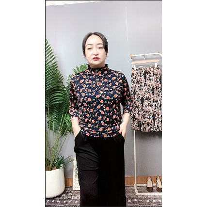 真丝长袖衬衫女新品立领直筒印花套头上衣桑蚕丝木耳边立领衬衣