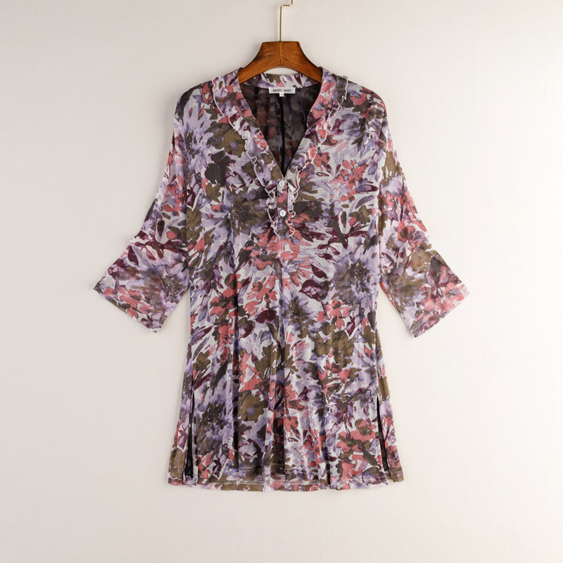 [CLEARANCE] SILK MESH PRINT TOP WOMENS MIDI MESH BREATHABLE MID-SLEEVE V-NECK PULLOVER