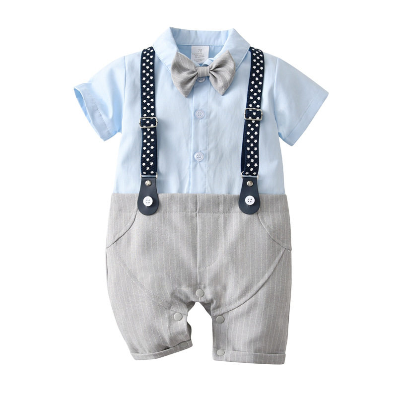 婴幼儿小童周岁礼服夏季薄款连体衣男宝宝绅士包屁衣爬服配领结