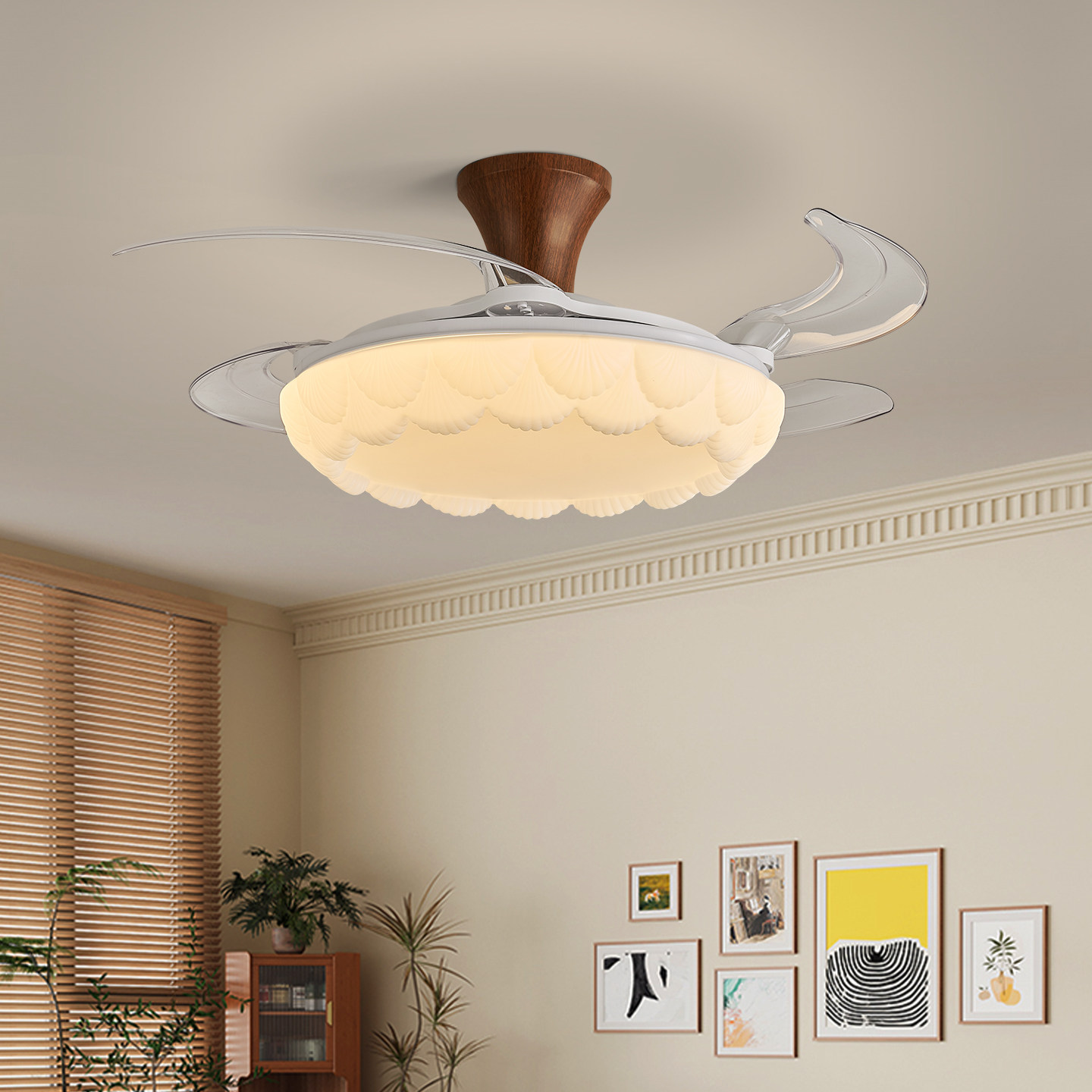 2025新款吸顶风扇灯护眼法式奶油风餐厅房间隐形静音吊扇一体灯