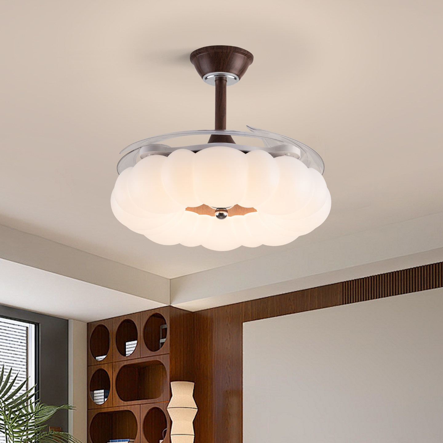 中古风南瓜造型风扇灯胡桃木纹隐形客厅卧室创意护眼灯具,家装灯饰光源,风扇灯,淘宝优惠券,粉丝福利购,淘宝优惠卷