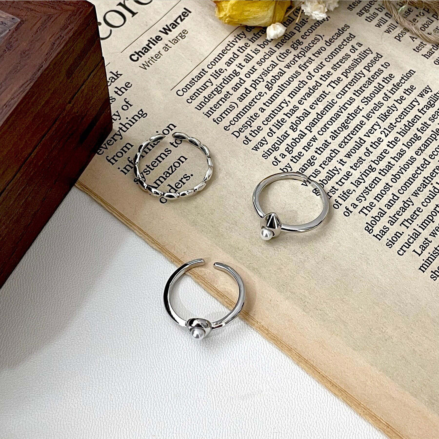 s925纯银水滴珍珠戒指女ins小众设计简约活口指环博主同款