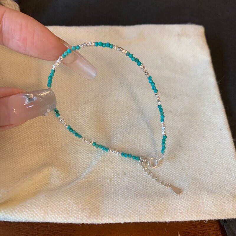 通体s925纯银手链原矿绿松石碎手串女简约个性可调节手围