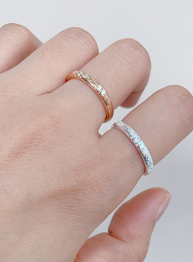 s925银镀金镶钻拉丝纹理戒指女