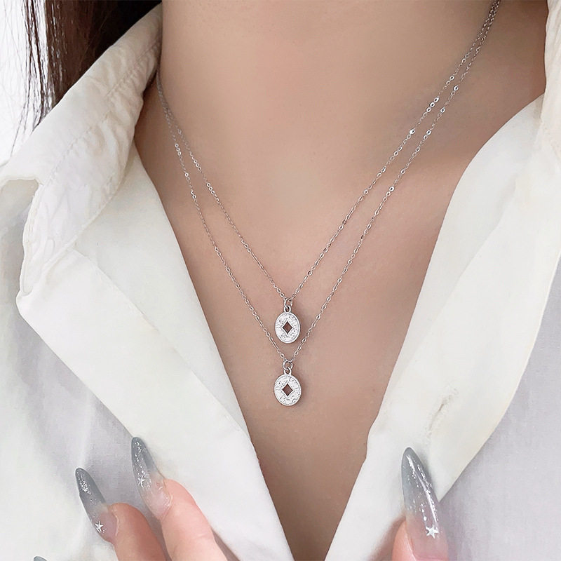 s925纯银轻奢招财铜钱吊坠项链女