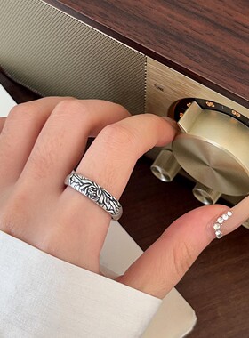 s925纯银复古做旧荷花开口戒指女