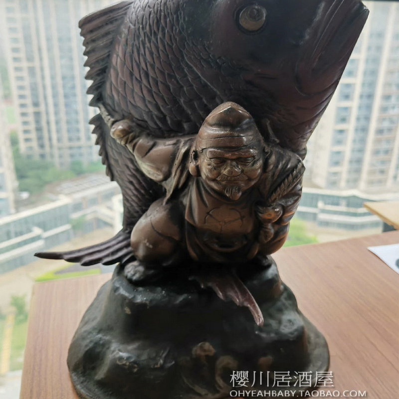 日本进口特大惠比寿摆件 日式装饰品 铁制持鲷财神铁器商业之神