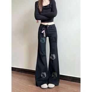 kitty猫仿刺绣印花2026春秋新款中大童牛仔裤子微喇阔腿女童ins风