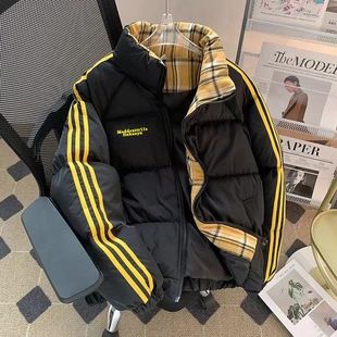 秋冬棉服棉袄中大童拼色三条杠棉服童装字母印花ins风百搭外套女