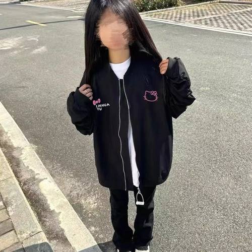 中大童美式复古外套女儿童凯蒂猫韩版2024宽松冬季加绒加厚棒球服