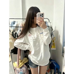 中大童装美式刺绣条纹长袖T恤男女2026新款宽松韩版显瘦上衣ins爆