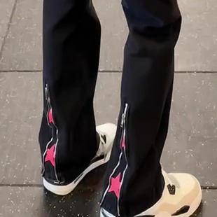 美式高街vibe牛仔裤男春秋中大童星星印花拉链裤子修身微喇直筒裤