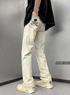 高街vibe骷髅印花牛仔裤黑色男生童装直筒春夏季设计感长裤子男潮