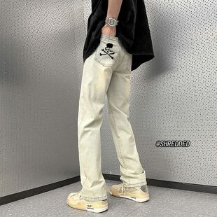 高街vibe骷髅印花牛仔裤黑色男生童装直筒春夏季设计感长裤子男潮