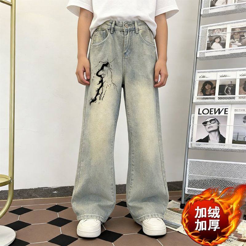 儿童牛仔裤黄泥色加绒加厚闪电印花款阔腿直简裤童装潮流男童ins,童装/婴儿装/亲子装,儿童牛仔裤,淘宝优惠券,粉丝福利购,淘宝优惠卷