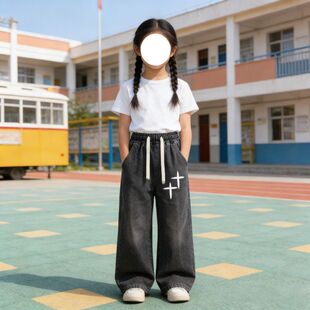 儿童宽松牛仔裤显瘦休闲款2026春秋新款十字架印花童装裤子ins风
