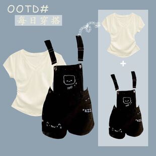 显瘦背带短裤 短袖 夏季 修身 上衣潮儿童 中大童女童两件套牛仔裤 美式