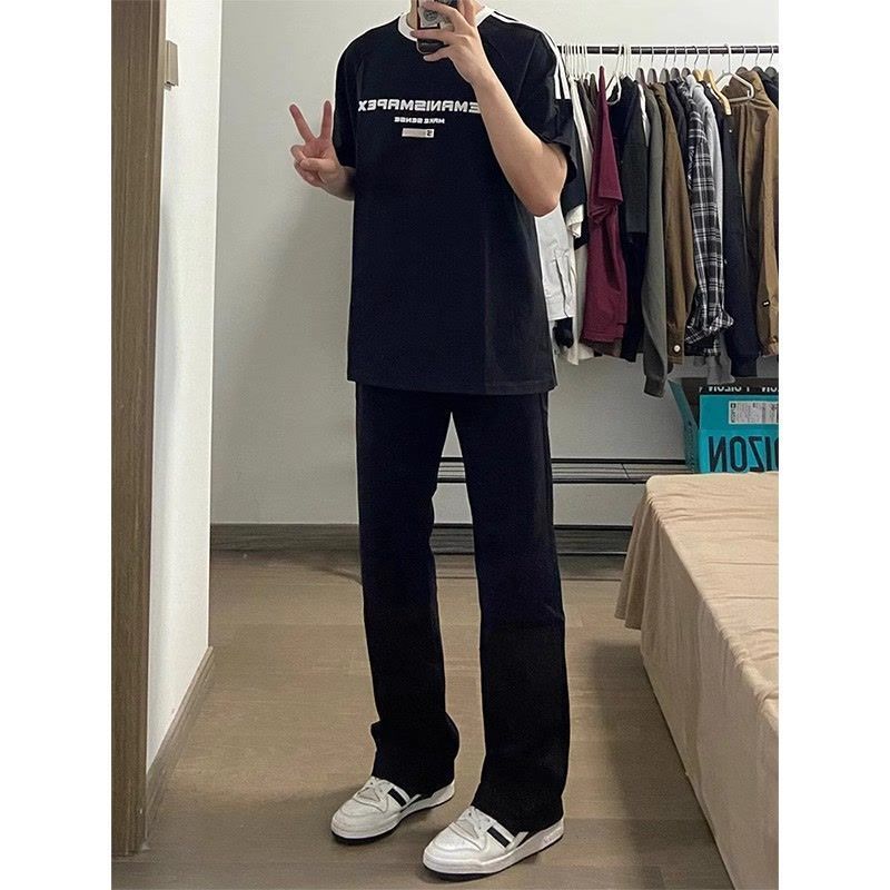 中大童装黑色牛仔裤男款夏季修身直筒显瘦微喇裤潮流百搭休闲长裤