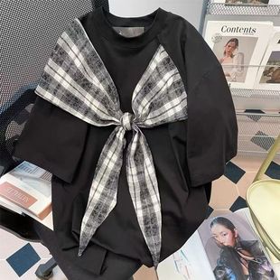 黑色蝴蝶结格子短袖t恤男女设计感半袖上衣中大童夏季学院风ins潮