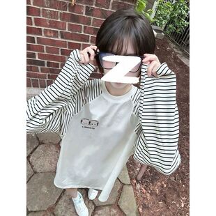 童装条纹插肩袖圆领卡通印花休闲长袖t恤女中大童春秋款学院风ins